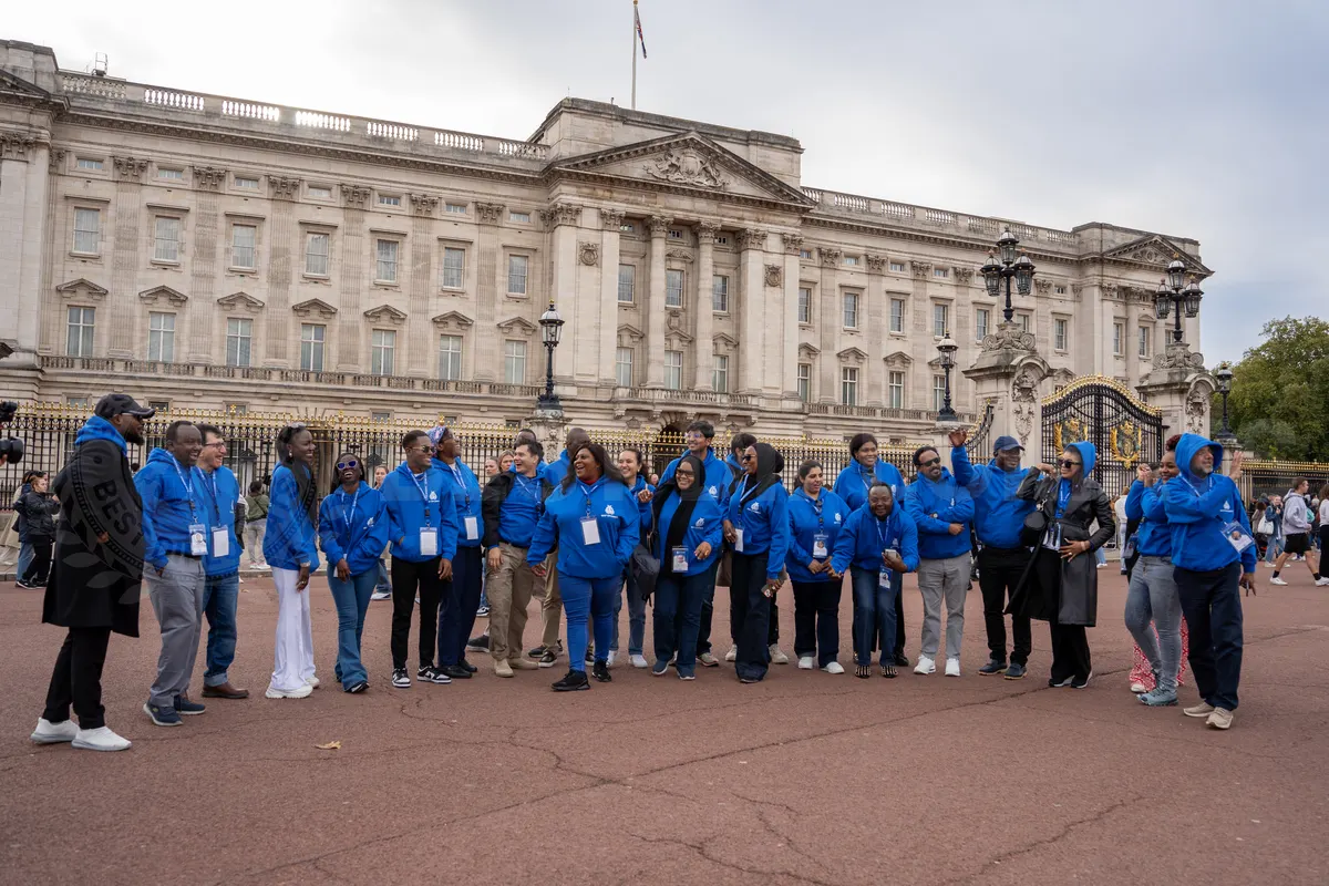 A delegation outside Buckingham Palace during the London conference