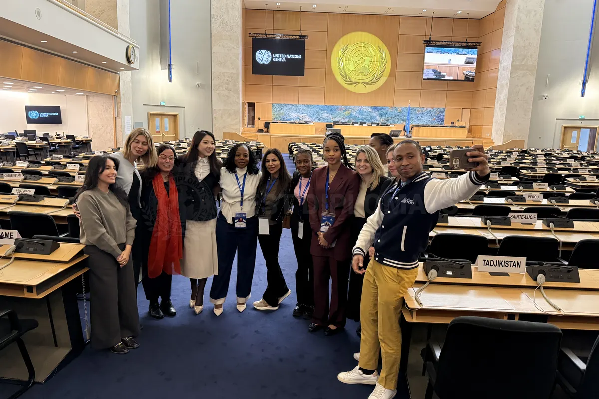 Delegates on the UN tour in a United Nations committee room, Geneva